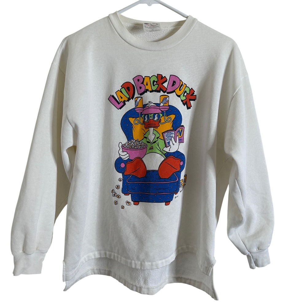Disney Donald Duck Sweatshirt Women XL White Vintage 90s Laid Back Duck USA‎